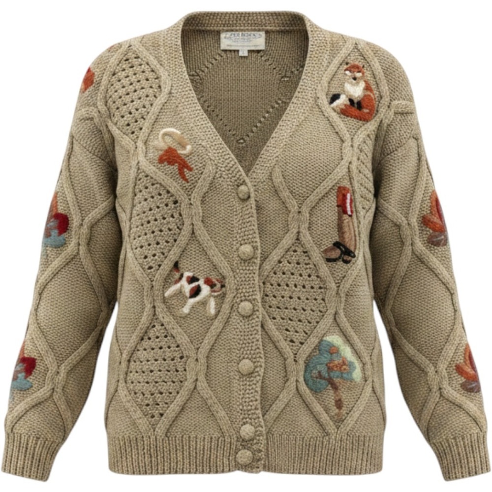 Vintage 1993 Susan Bristol Hand Knit Fox Dog Embroidered Cardigan Sweater Medium